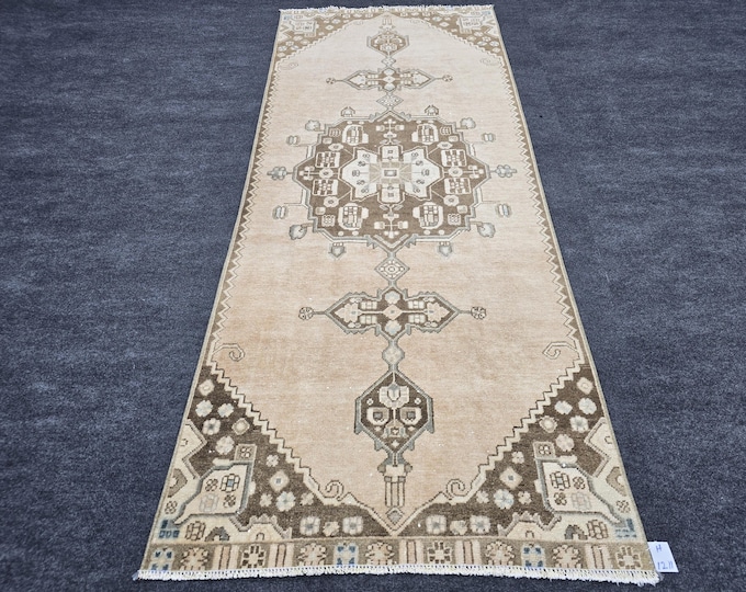 3x7 Vintage Turkish Runner Rug, Handmade Wool Beige Medallion Anatolian Hallway Carpet