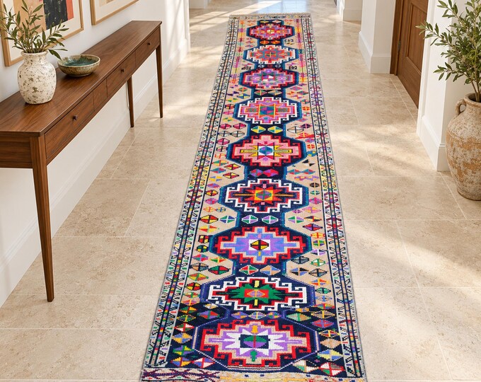 3x12 Vintage Turkish Wool Runner Rug, Colorful Geometric Tribal Hallway Design (2'6" x 11'7")