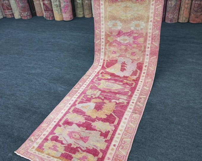 2x9 Vintage Turkish Oushak Runner Rug, Faded Pink Red Floral Handwoven Wool Hallway Carpet