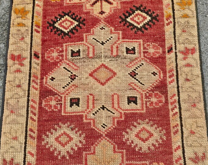 2x12 Vintage Turkish Runner Rug, Terracotta Red Geometric Hallway Carpet, Boho Entryway Decor