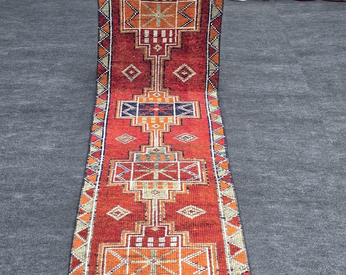3x11 Vintage Turkish Oushak Runner Rug, Red Rust Handmade Wool Tribal Hallway Carpet