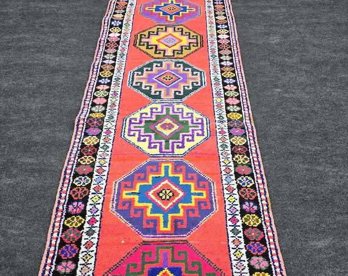 3x12 Vintage Turkish Herki Wool Runner, Colorful Geometric Hallway Rug (2'8" x 12'2")