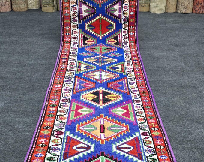 3x11 Vintage Turkish Wool Runner Rug, Blue Pink Geometric Tribal Hallway Carpet (2'9" x 10'7")