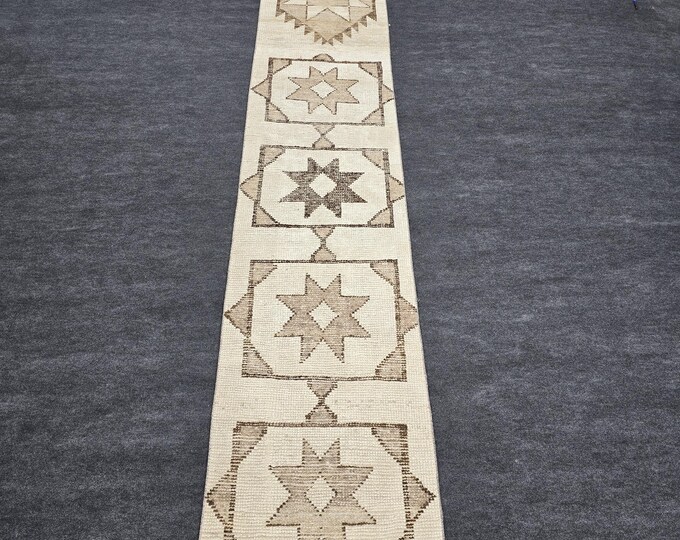 3x10 Vintage Turkish Oushak Runner Rug, Cream Beige Brown Wool, Geometric Tribal Hallway Rug