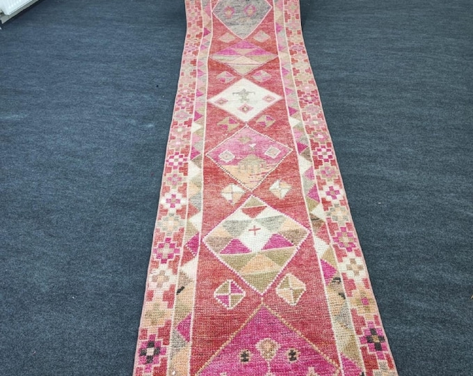 3x12 Vintage Turkish Style Runner Rug, Pink Coral Geometric Tribal Hallway Carpet, Boho Decor