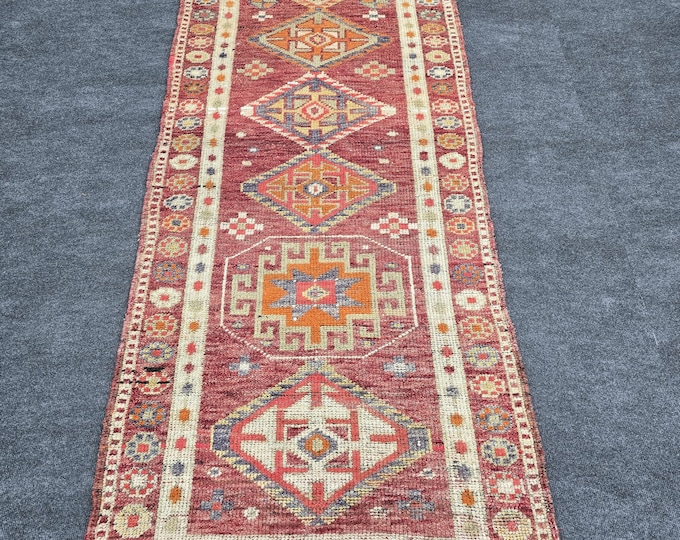 3x8 Vintage Turkish Oushak Wool Runner, Rust Red Geometric Hallway Rug (2'11" x 8'1")