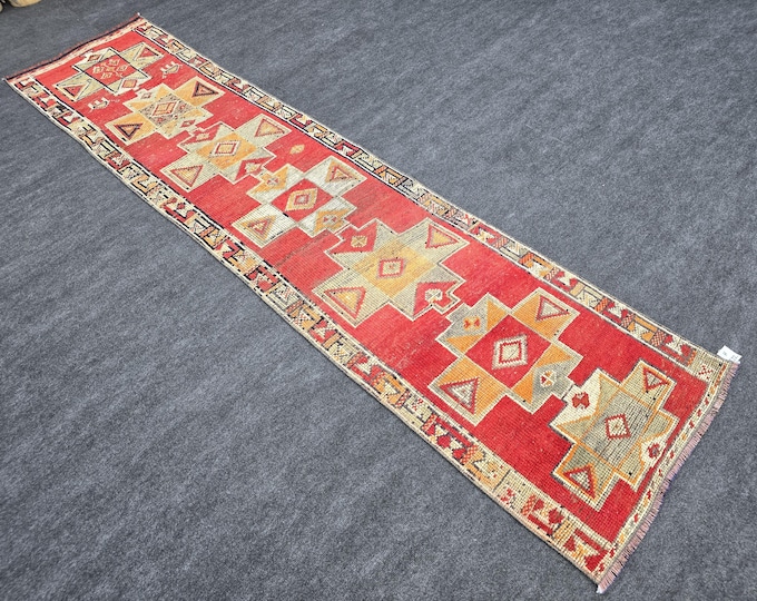 3x11 Vintage Turkish Herki Runner Rug, Handmade Wool Geometric Hallway Carpet