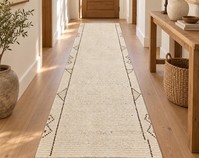 Vintage Herki Runner Rug 3x9, Ivory Brown Wool Hallway Rug, Minimalist Tribal Design
