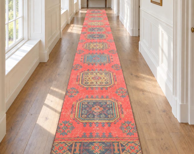 3x21 Vintage Turkish Wool Runner Rug, Faded Coral Red Geometric Medallions, 2'6" x 21'4"