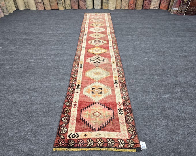 3x13 Vintage Oushak Runner, Faded Rose Turkish Wool Hallway Carpet, Handmade Anatolian Rug