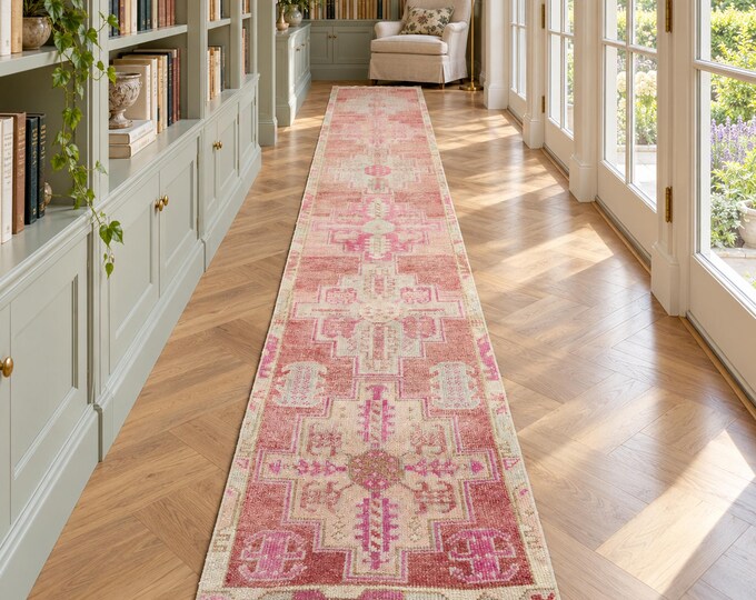 2x13 Vintage Turkish Oushak Runner Rug, Handmade Wool Faded Pink Beige Geometric Hallway Runner
