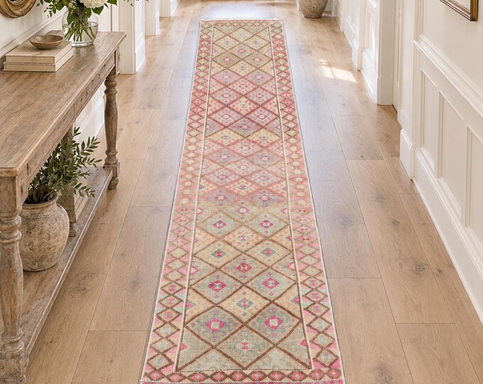 2x11 Vintage Turkish Runner Rug, Handmade Wool Faded Pink Beige Geometric Anatolian Hallway Carpet