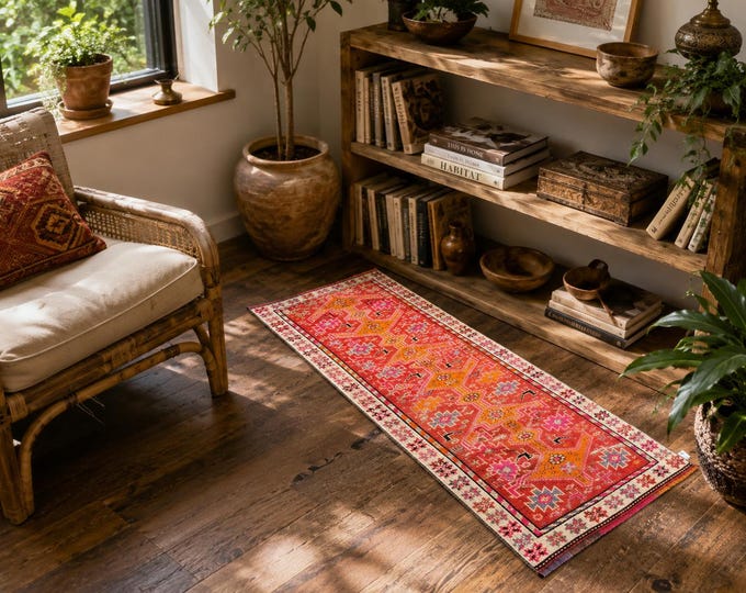2x6 Vintage Turkish Runner Rug, Orange Pink Oushak, Hand-Knotted Wool Anatolian Hallway Decor