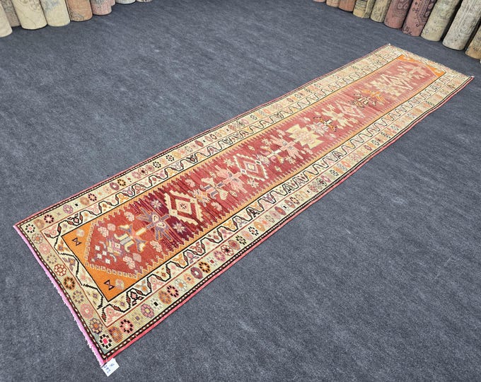 3x13 Vintage Turkish Runner Rug, Dusty Rose Wool Geometric Hallway Rug