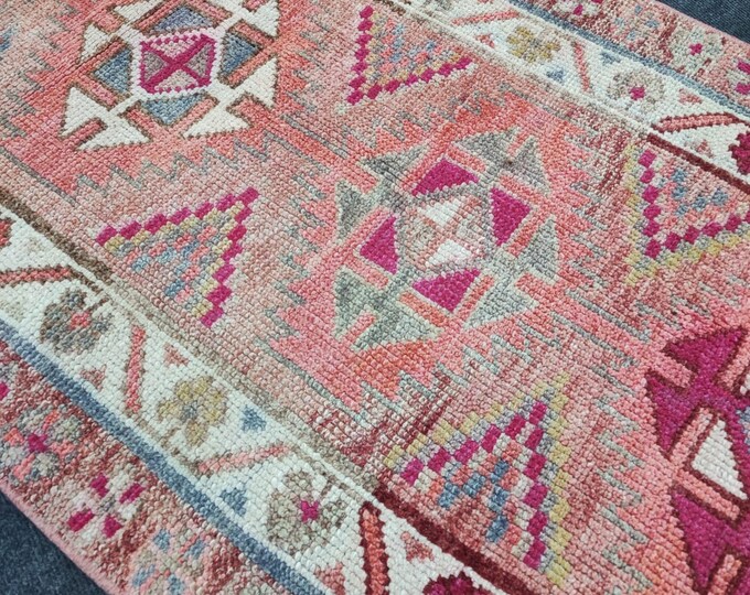 3x23 Vintage Turkish Oushak Runner Rug, Pink Coral Geometric Wool Long Hallway Rug