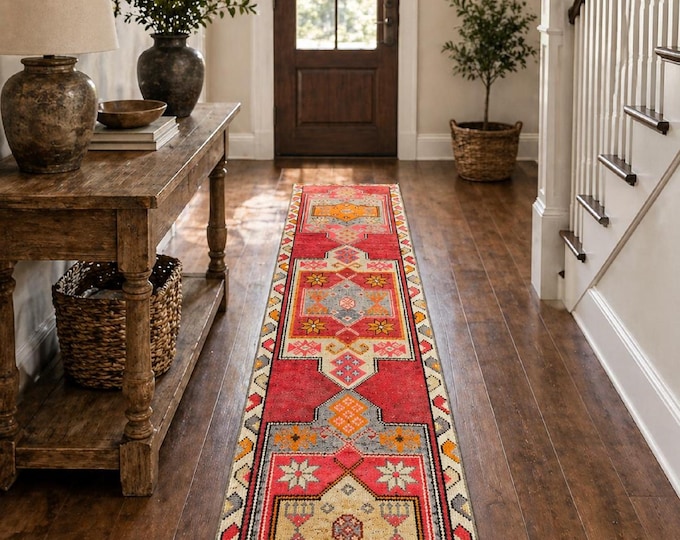 2x12 Vintage Turkish Runner Rug, Handmade Wool Red Geometric Hallway Carpet