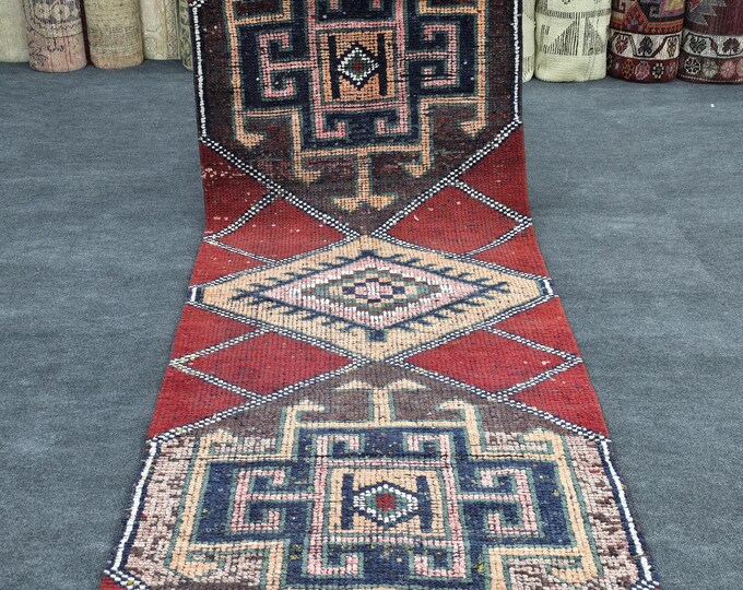 3x9 Vintage Turkish Runner Rug, Red Rust Handmade Wool Geometric Anatolian Hallway Runner