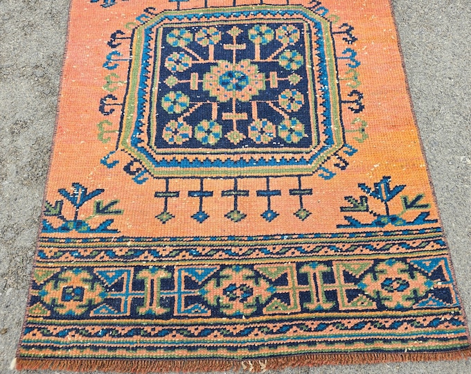 2x12 Vintage Turkish Oushak Runner Rug, Orange Blue Handmade Wool Hallway Rug 2'5" × 11'11"