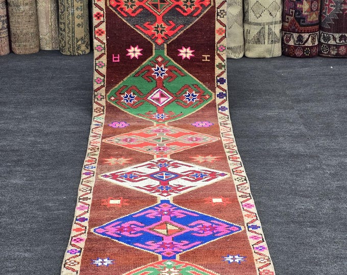 3x12 Vintage Turkish Runner Rug, Brown Colorful Handmade Wool Geometric Anatolian Hallway Runner
