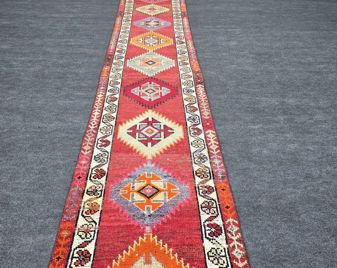 3x13 Vintage Turkish Herki Wool Runner Rug, Red Multicolor Geometric Design (2'6" x 13'2")