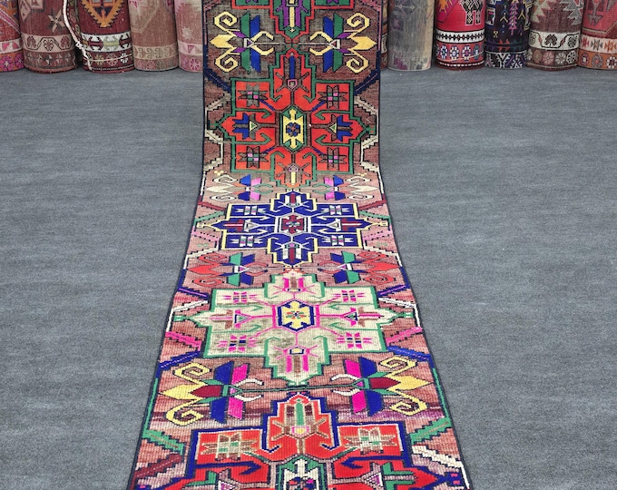 2x11 Vintage Turkish Wool Runner Rug, Colorful Geometric Hallway Carpet (2'3" x 11'4")