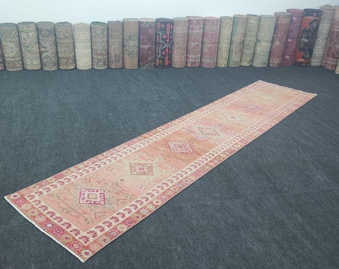 3x12 Vintage Turkish Runner Rug, Salmon Pink Handmade Wool Hallway Carpet, 2'9" x 12'5"
