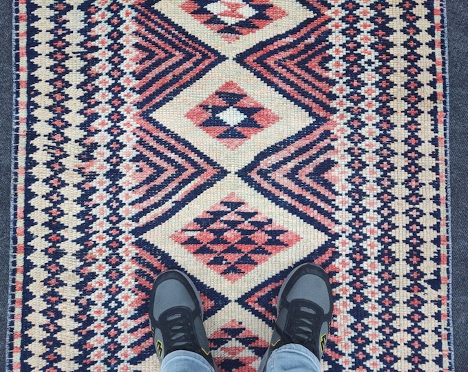 3x12 Vintage Turkish Wool Runner Rug, Navy Pink Geometric Oushak Design (3' x 11'8")