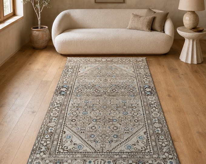 4x7 Vintage Turkish Oushak Area Rug, Handmade Wool Neutral Beige Blue Living Room Carpet