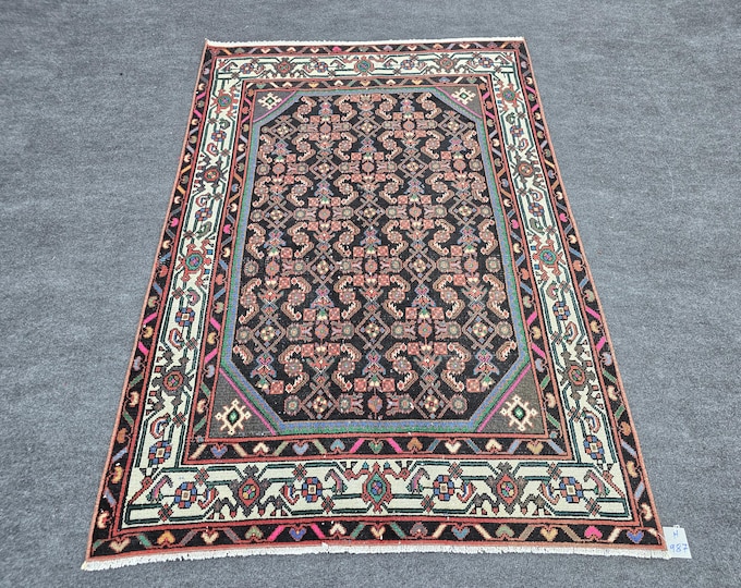 4x5 Vintage Turkish Wool Area Rug, Dark Brown Oriental Geometric Entryway Carpet (3'5" x 4'11")