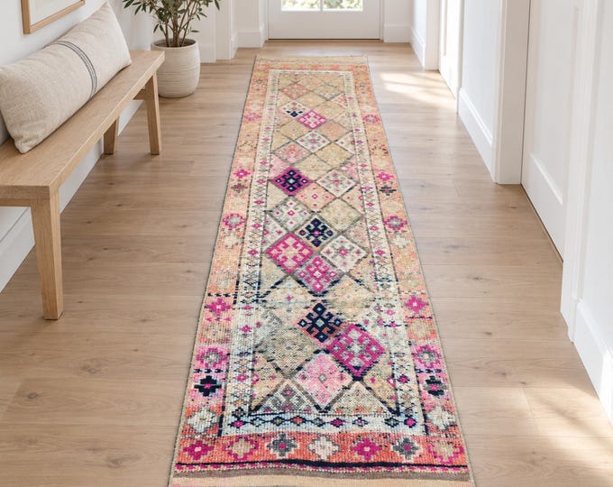 2x10 Vintage Turkish Oushak Runner Rug, Handmade Wool Faded Pink Beige Geometric Hallway Rug