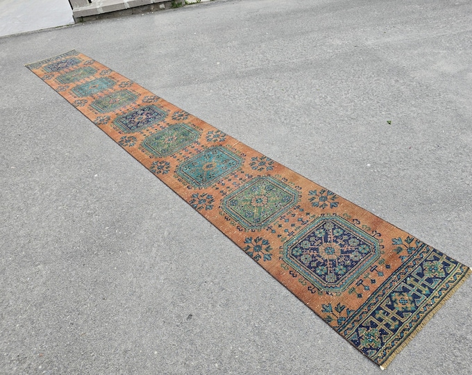 Vintage Turkish Wool Runner, Handmade Orange Blue Anatolian Hallway Rug, Extra Long 3x19 Ft