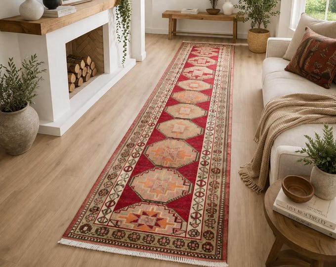 3x14 Vintage Turkish Runner Rug, Handmade Wool Tribal Hallway Carpet, Red Anatolian Decor