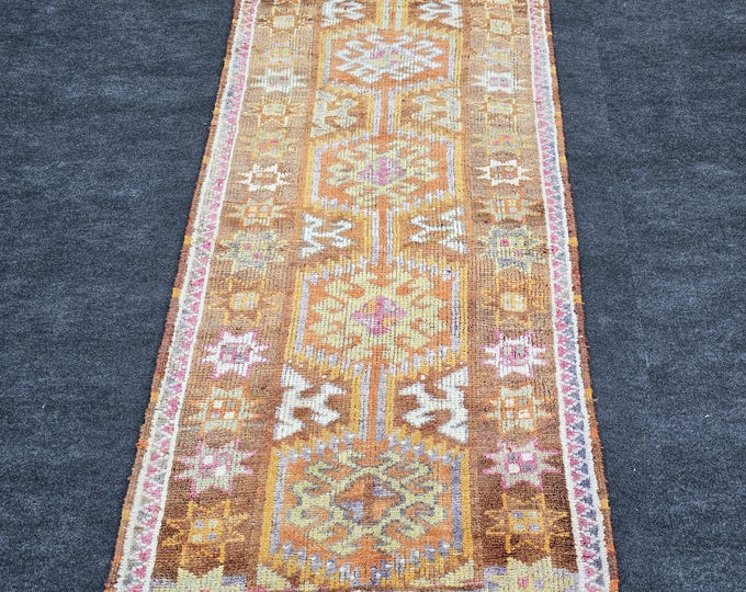3x10 Vintage Turkish Oushak Wool Runner, Faded Apricot Brown Hallway Rug (3'1" x 9'8")