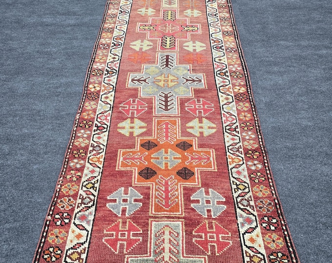 3x11 Vintage Turkish Oushak Runner Rug, Handmade Wool Red Tribal Hallway Carpet, Anatolian Decor