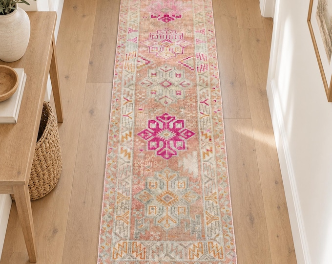 3x8 Vintage Turkish Wool Runner Rug, Pastel Pink Beige Geometric Anatolian Design (2'9" x 8'4")