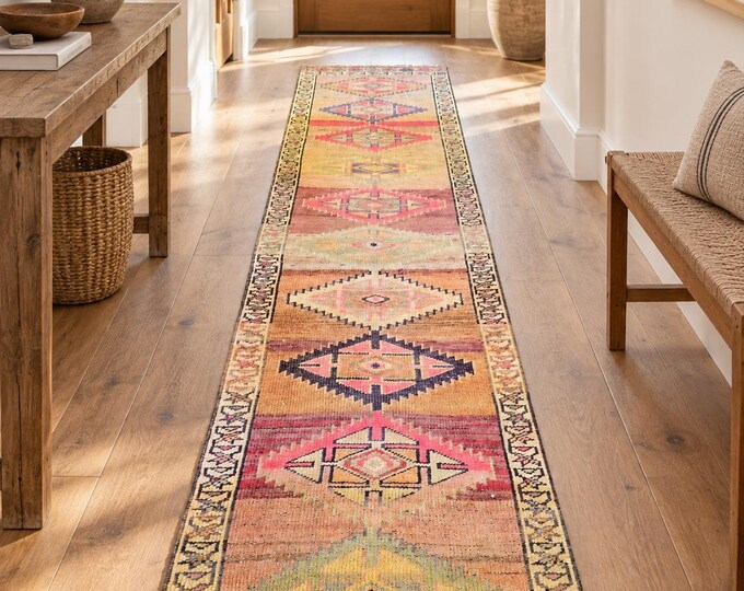 2x11 Vintage Turkish Runner Rug, Yellow Pink Geometric Hallway Carpet, 2'3" x 11'4"