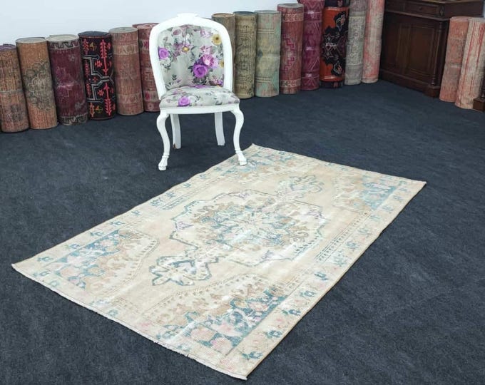 4x6 Vintage Turkish Area Rug, Handmade Wool Blue Herki Tribal Rug, Anatolian Boho Decor