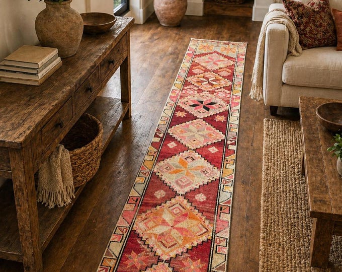 3x12 Vintage Turkish Runner Rug, Herki Wool Tribal Geometric Hallway Carpet