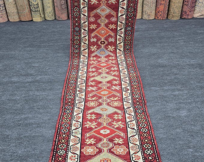 3x10 Vintage Turkish Wool Runner, Red Geometric Hallway Entryway Rug (2'11" x 10')
