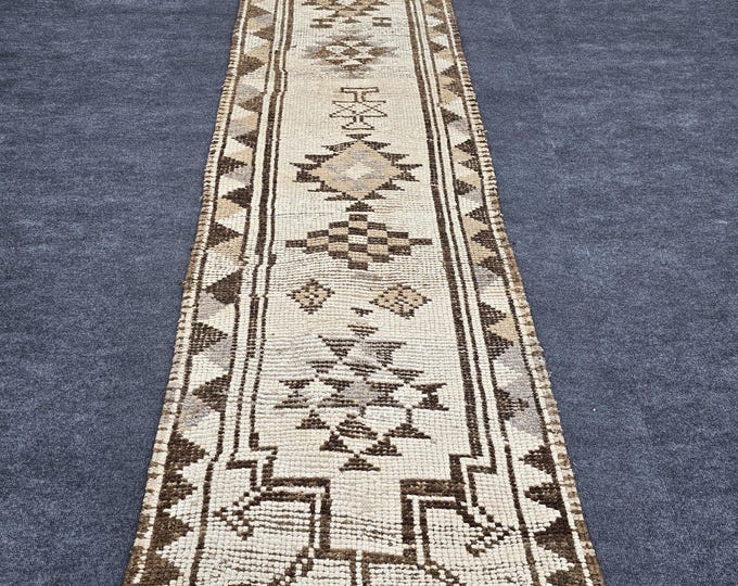 3x12 Vintage Turkish Oushak Wool Runner, Ivory Brown Geometric Hallway Rug (2'6" x 12'3")