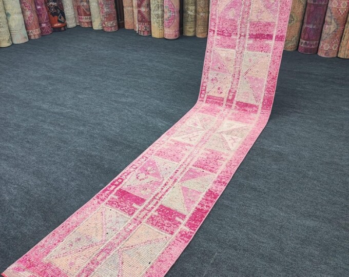 2x11 Vintage Turkish Runner Rug, Pink Geometric Wool Hallway Carpet, Boho Home Decor