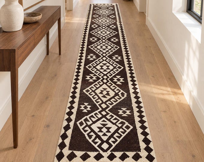 3x13 Vintage Wool Runner Rug, Brown and Ivory Geometric Hallway Runner, Handwoven, 2'8" x 12'11"