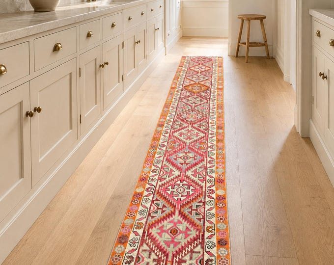 3x10 Vintage Oushak Runner Rug, Handmade Wool Turkish Hallway Carpet, Anatolian Boho Decor