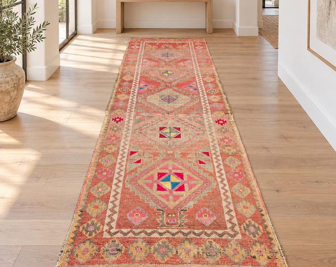 3x11 Vintage Turkish Herki Runner Rug, Handmade Wool Pink Red Tribal Hallway Rug