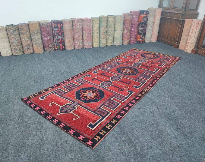 4x10 Vintage Turkish Runner Rug, Rust Red Navy Tribal Geometric Handmade Wool Hallway Carpet