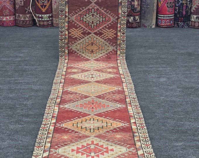 3x12 Vintage Turkish Runner Rug, Red Geometric Wool Hallway Carpet, Actual 2'7" x 11'9"