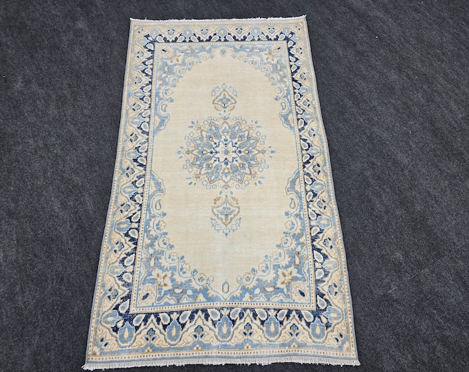4x5 Vintage Turkish Oushak Area Rug, Handmade Wool Blue Floral Accent Rug 3'9" x 4'9"
