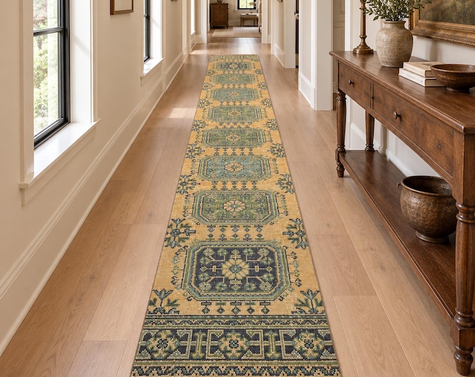 3x19 Vintage Turkish Runner Rug, Mustard Yellow and Green Wool, Extra Long Hallway Runner