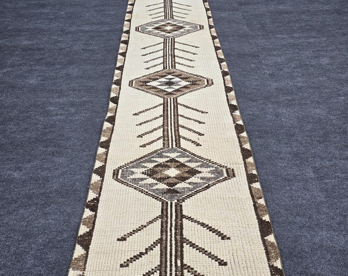 3x13 Vintage Turkish Wool Runner Rug, Ivory Brown Geometric Hallway Carpet (2'7" x 12'9")