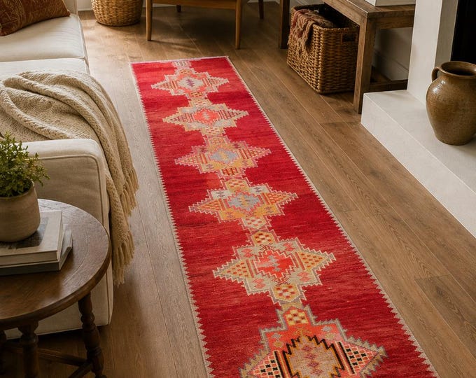 2x10 Vintage Turkish Runner Rug, Hand-Knotted Wool Geometric Hallway Carpet